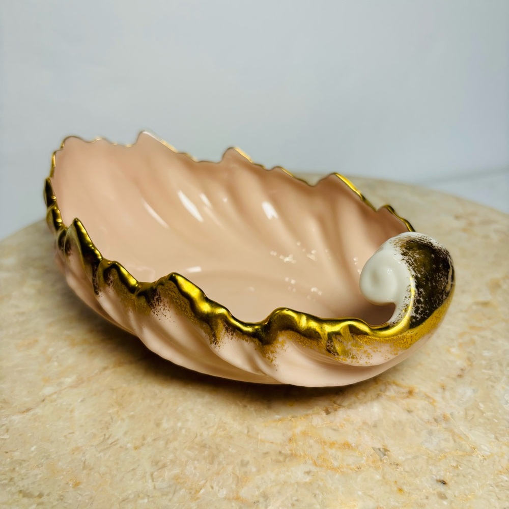 Vintage Lenox Porcelain Acanthus Leaf Gold Trimmed Bowl Pink Shell Kitschy